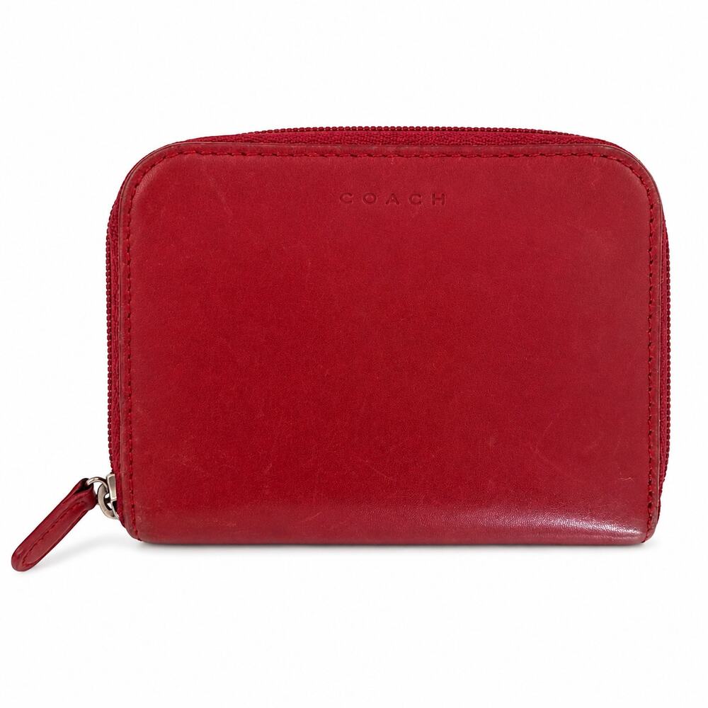 Coach Red Leather Small Zip Around Leather Wallet Card Coin Case ID Vintage